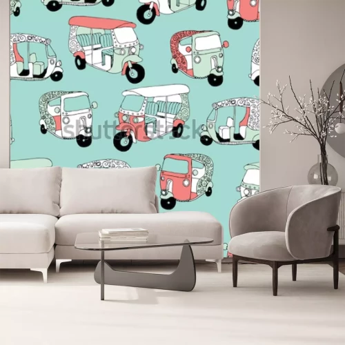 Sticker  Transport asiatique sans soudure icône Inde reine du motif de fond illustration pousse-pousse en vecteur