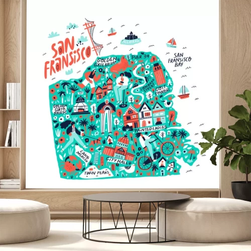 Sticker  San Francisco creative travel map flat hand drawn illustration. American state tourist landmarks and famous places names lettering and doodle drawings. USA tourism poster cartoon concept