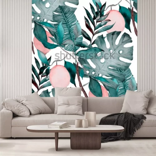 Papier peint  Nature verte et éléments roses