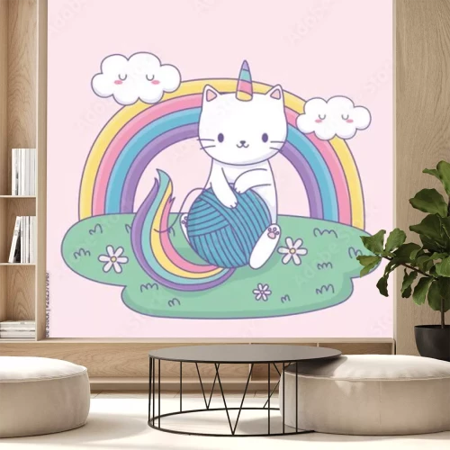 Sticker  Chat-licorne et arc-en-ciel