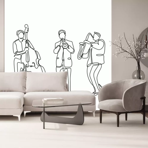 Sticker  Jazz music player continuous one line drawing minimalist design of cello, trumpet, and saxophone isolated on white background