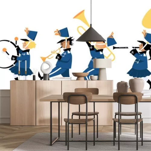 Sticker  Cute children playing instruments in a marching band parade, EPS 8 vector illustration