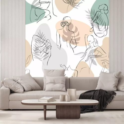 Papier peint  Silhouettes féminines minimalistes sur fond tropical Feuilles