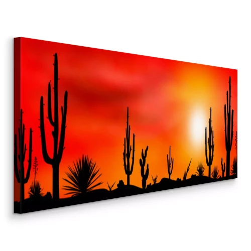 Tableau  Cactus dans le désert contre un ciel de coucher de soleil rouge