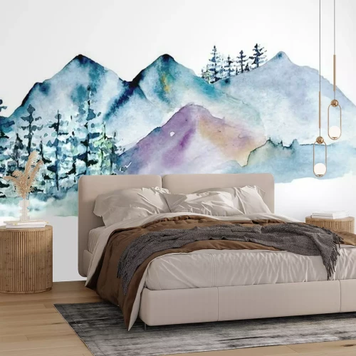 Sticker  Mountains, forest nature landscape. Watercolor wildlife. Perfectly for tourism and outdoor design. Hand painting sketch scenery. Illustration isolated on white background. 