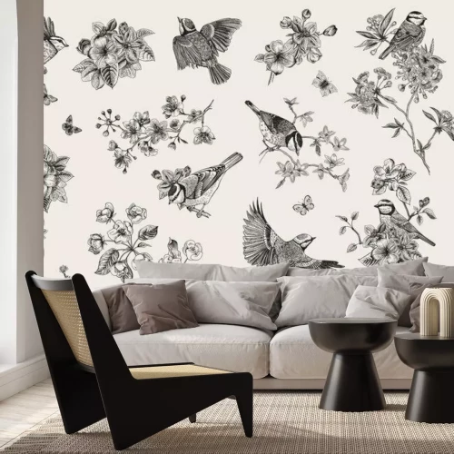 Papier peint  Motif vintage avec des oiseaux au milieu de fleurs délicates