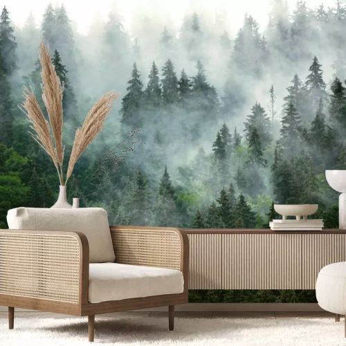 Papier peint  Forêt de montagne vert foncé et brumeuse