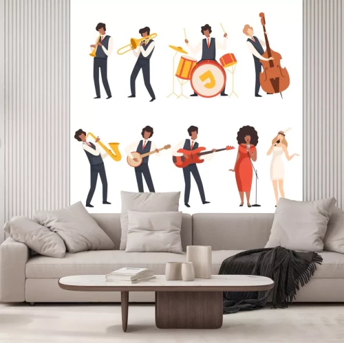 Sticker  Jazz Band Group, Musicians Singing and Playing Trumpet, Banjo, Saxophone, Trombone, Drums, Guitar, Double Bass, Vector Illustration