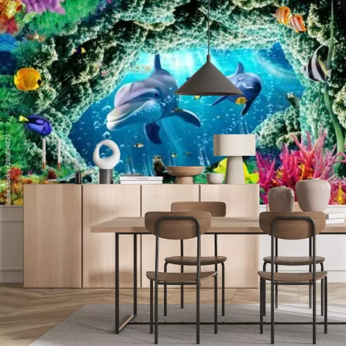 Papier peint  Poissons, dauphins et océan, récif corallien