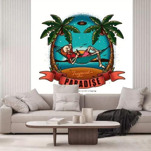 Sticker  Original vector illustration in vintage style. Skeleton lying in a hammock with a bottle of beer in his hands, against the palm trees, the sea.