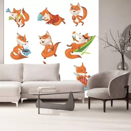 Sticker  Set of cute colorful fox character in different actions
