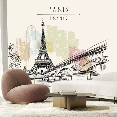 Sticker  Eiffel Tower in Paris, France. Vintage hand drawn touristic postcard