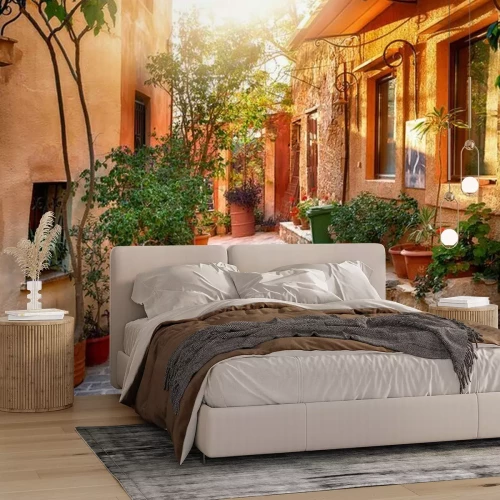 Papier peint  Rue méditerranéenne avec pots de fleurs