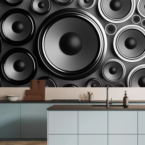 Sticker  Multiple various size black Loudspeakers background. 3d illustration