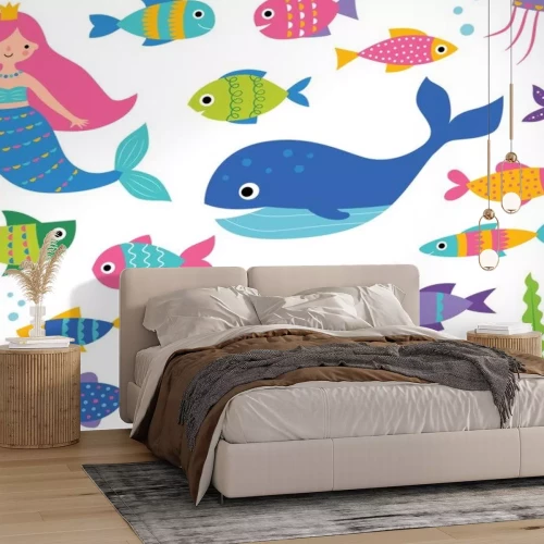 Sticker  Isolated set  with a mermaid, a whale, fishes and underwater elements