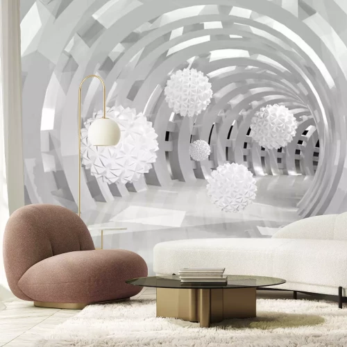 Papier peint  3d wall tunnel with flying balls 3d rendering