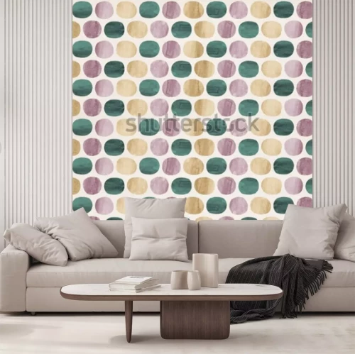 Sticker  Motif graphique abstrait des points et des ovales dans les formes aquarelle pourpre, jaune or et vert jade orchidée orchidée sur fond de papier texture papier crème.