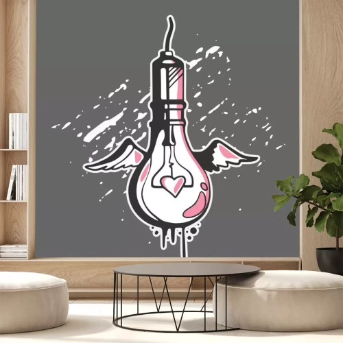 Sticker  Light bulb concept in graffiti style with wings and heart, vector illustration.