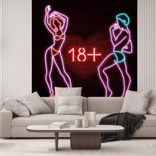 Sticker  18+ banner with neon silhouette of sexy man and woman figures, beautiful silhouettes, nightclub, striptease, sex shop advertisement, vector illustration