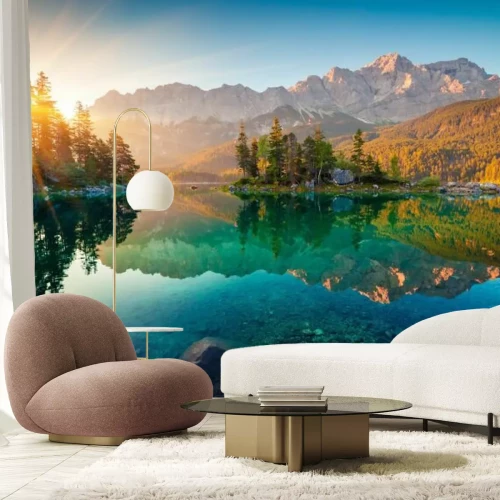 Papier peint  Impressive summer sunrise on Eibsee lake with Zugspitze mountain range. Sunny outdoor scene in German Alps, Bavaria, Germany, Europe. Beauty of nature concept background.