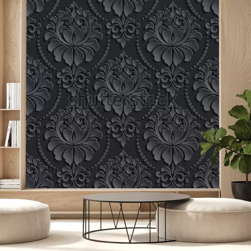 Sticker  Vecteur de fond sans couture damassé foncé. Texture de luxe élégante pour fonds d'écran, arrière-plans et remplissage de page. Éléments 3D avec ombres et rehauts. Papier découpé.