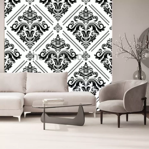 Sticker  Motif noir et blanc classique de vecteur damassé. Abstrait sans soudure avec des éléments récurrents