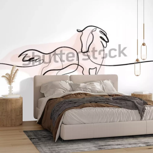 Sticker  Dessin au trait de silhouettes de chevaux et tache rose en arrière-plan