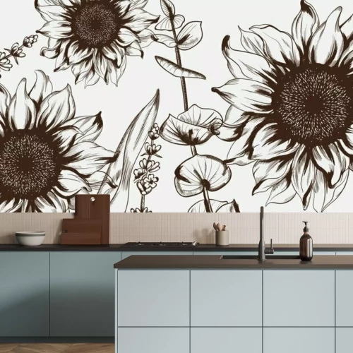 Papier peint  Dessin de tournesols style vintage