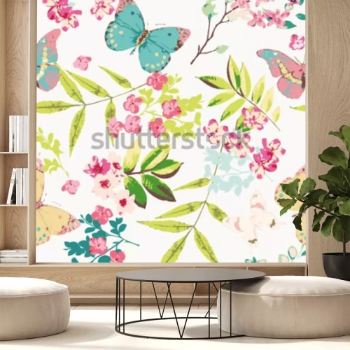 Sticker  Fleurs et papillons dans une illustration romantique