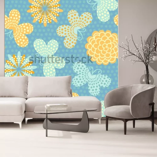 Sticker  Fleurs et papillons sur fond bleu