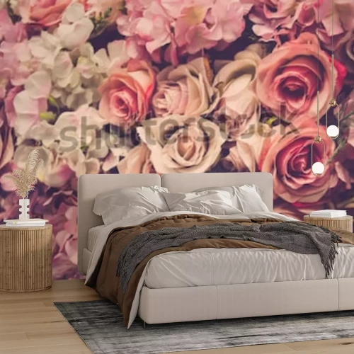 Papier peint  Roses colorés et hortensias