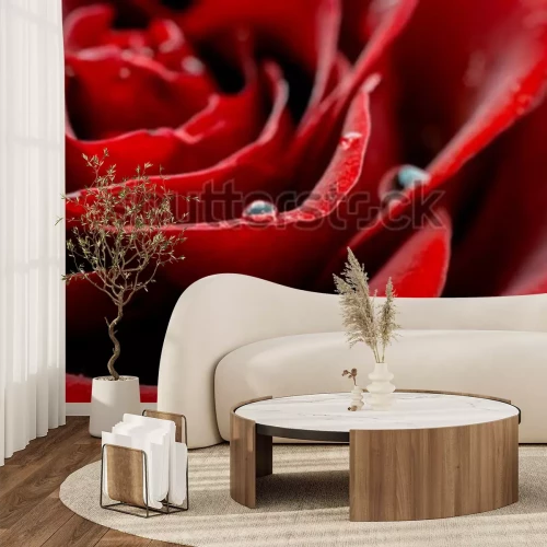 Papier peint  Pétales de rose rouges avec des gouttes