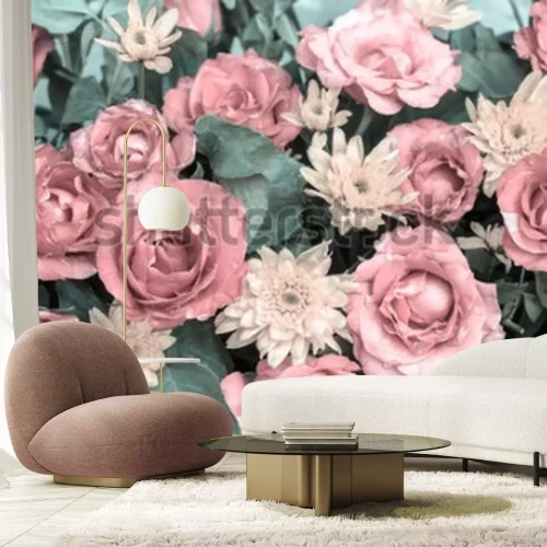 Papier peint  Roses couleur rose style vintage