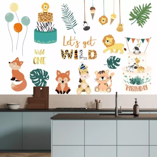 Sticker  Safari object set with fox,giraffe,zebra,lion,leaves. illustration for logo,sticker,postcard,birthday invitation.Editable element