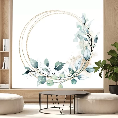Sticker  Leaves gold frame wreath border. Watercolor hand painting floral geometric background. Leaf, plant, branch isolated on white background.