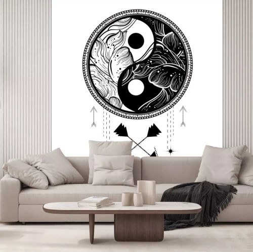 Sticker  Yin yang tattoo art style. Bohemian logo, badge, sign with waves. Adventure vibes.