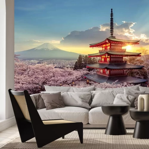 Papier peint  Fleurs de cerisier avec maison japonaise et montagnes