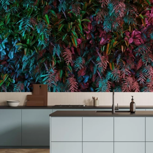 Papier peint  Neon tropical jungle forest leaves in vibrant color for retro poster background like stranger things. 80s 70s 60s. 3d rendering