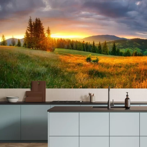 Papier peint  Prairie et lever de soleil