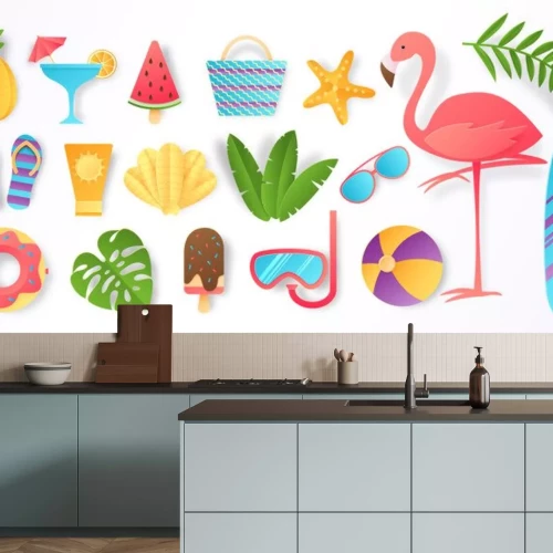 Sticker  Paper cut summer elements. Trendy tropical leaves pink flamingo and beach stickers. Vector sun ice cream ball vacation travel icons flat illustration