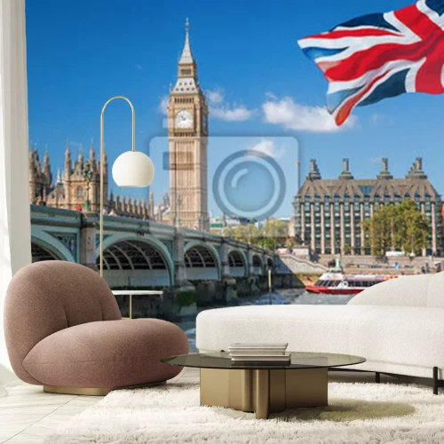 Papier peint  Vue de Big Ben et du Parlement avec un bateau sur la Tamise