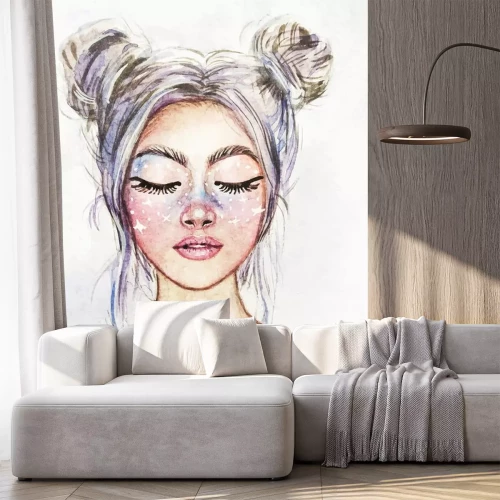 Sticker  Drawing of a fantastic girl with a beautiful make-up. Snow Queen. Watercolor illustration.