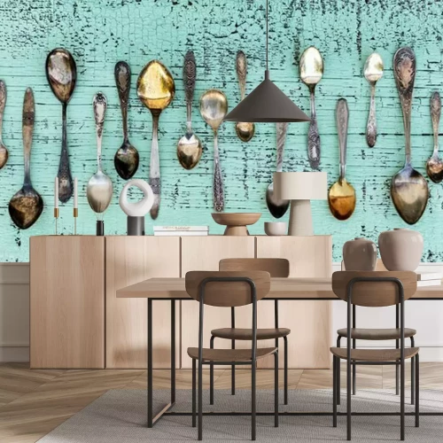 Papier peint  Vieilles cuillères alignées sur turquoise Tableaux