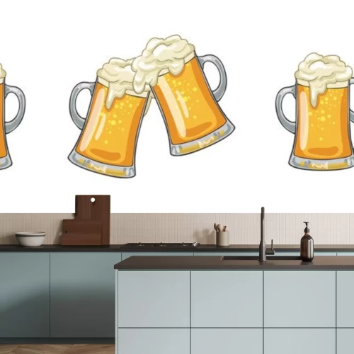 Sticker  Glass or ceramic mugs filled of golden light beer with overflowing froth heads. Isolated on white background, for brewery emblem or beer party design