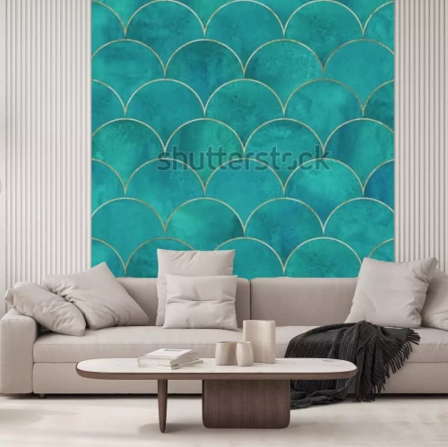 Papier peint  Écailles turquoise aux lignes dorées