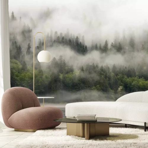 Papier peint  Paysage brumeux d’un lac entouré de forêt