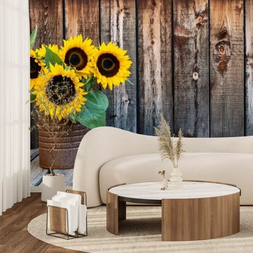 Papier peint  Tournesols fond bois