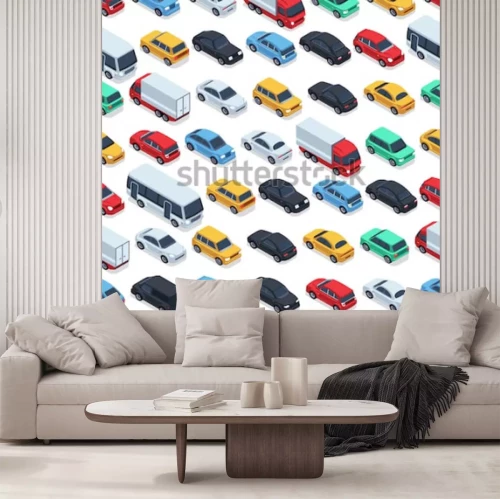 Sticker  Texture transparente de voitures urbaines. Fond de vecteur. Voitures isométriques. Illustration de voiture couleur modèle sans couture