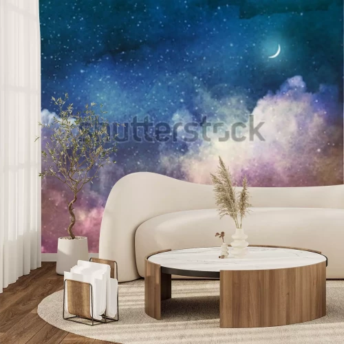 Papier peint  Nuages colorés et ciel nocturne avec lune