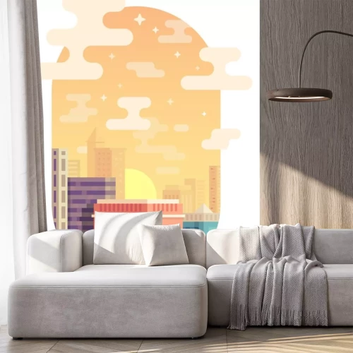 Sticker  City skyline vector illustration. Urban landscape. Cityscape in flat style. Modern city landscape. Cityscape backgrounds. Sunset in the city. Vertical orientation